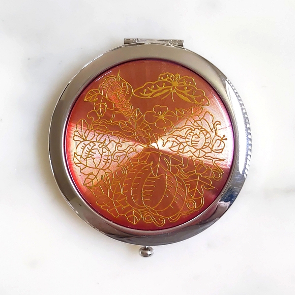 NWT. Chrome Metal with Coral and Gold Design Compact Makeup Mirror for Purse. - Picture 1 of 5